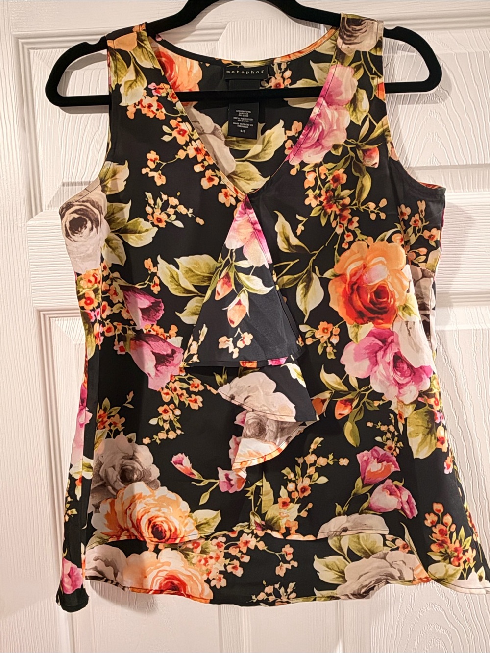 Metaphor Black Floral Ruffle V-Neck Tank with Pink & Orange Accents